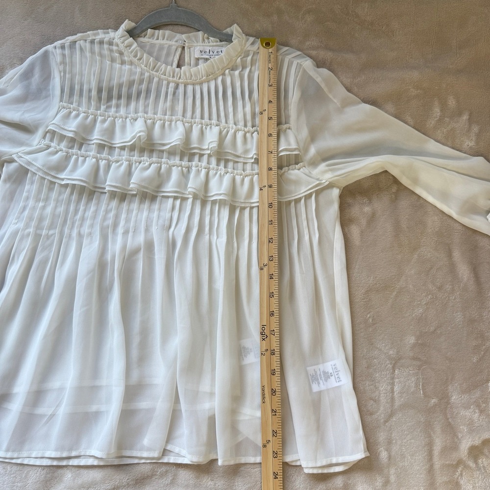 Velvet by Graham & Spencer Ivory Sheer Pleated Ruffle Long Sleeve Blouse XS - Picture 3 of 7